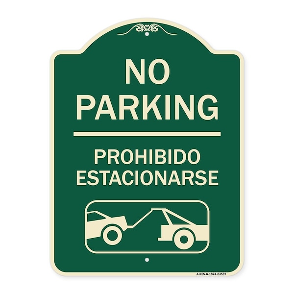 No Parking Prohibido Estacionarse W/ Car Tow Graphic Heavy-Gauge Alum Sign, 24" x 18", G-1824-23597